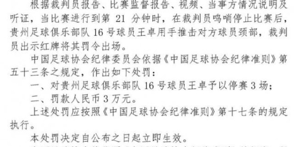 kaiyun体育网-足协官方：贵州门将王卓锁喉对手 停赛3场、罚款3万